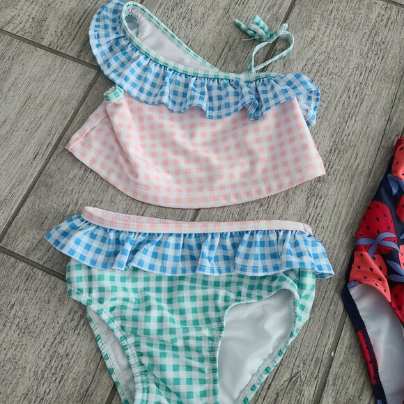 Baby girl bathing suit bundle onepiece strawberry plaid bikini sz 6-9M - Picture 3 of 10